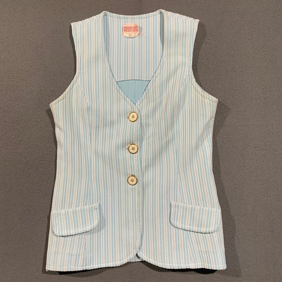 Perception Jackets & Blazers - Perception Seersucker Vest Women Medium Blue White Striped Coastal Grandma Retro